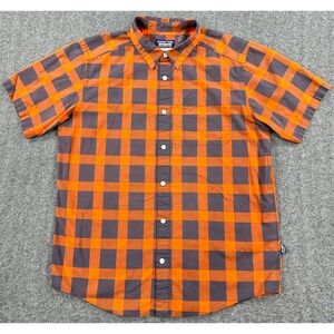 Patagonia Shirt Mens Medium Gray Orange Plaid Check‎ Organic Cotton Button Up